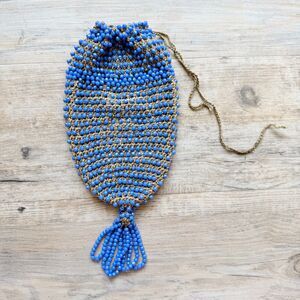 Vintage Blue Beaded Potli Drawstring Evening Bag Tassel Purse Art Deco Cocktail